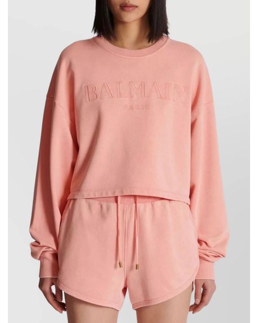 Balmain Pink Cotton Cropped Loose-Fit Long-Sleeve Sweatshirt