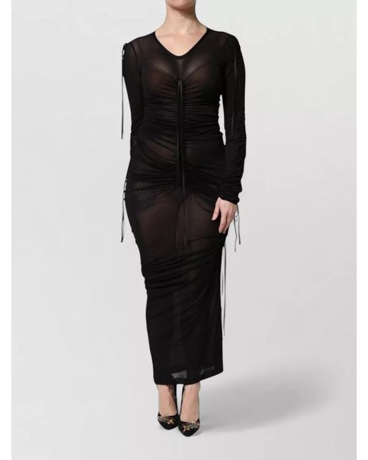 Dolce & Gabbana Black Silk-Blend Sheer Ruched Long-Sleeve Maxi Dress