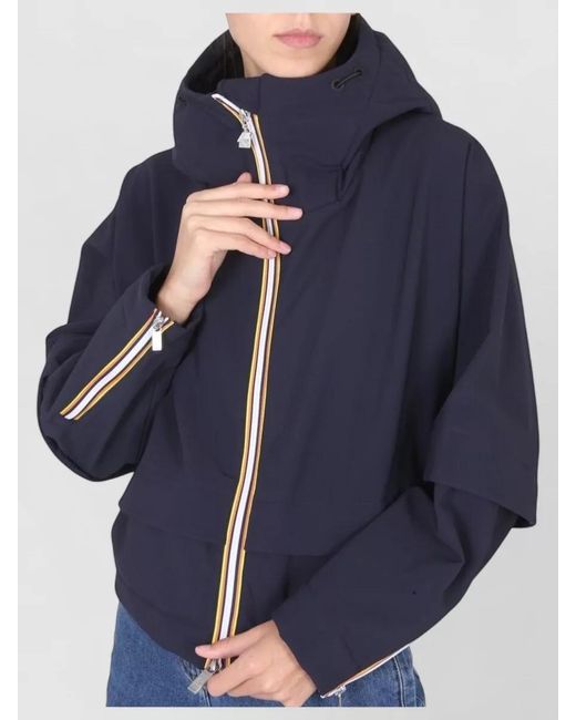 K-Way Blue Hooded Jacket Logo Elastic Cuffs Stripes