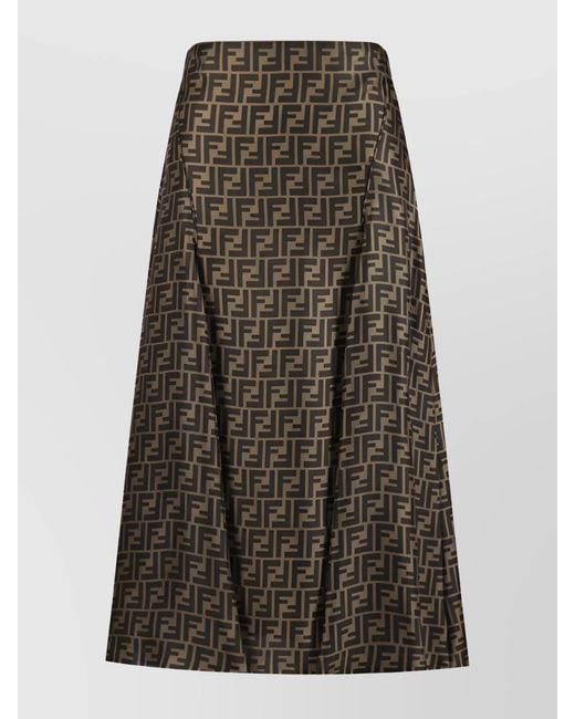 Fendi Brown Silk High-Rise Ff-Print Midi A-Line Skirt