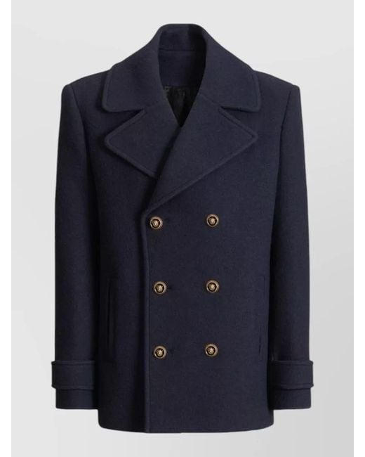 Balmain Blue Double Breasted Coat Notch Lapels Buttons for men