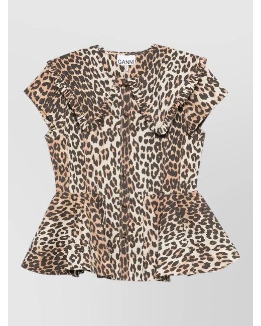 Ganni White Leopard-Print Organic Cotton Short-Sleeve Peplum Blouse