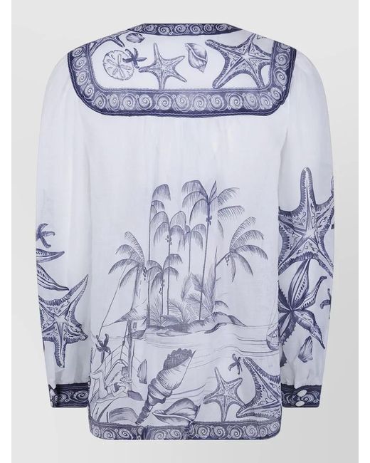 Farm Rio Blue Coast Scarf Nautical Long Sleeve Blouse