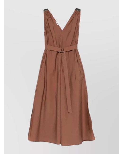 Brunello Cucinelli Brown Sleeveless Cotton Midi Dress Beaded Straps