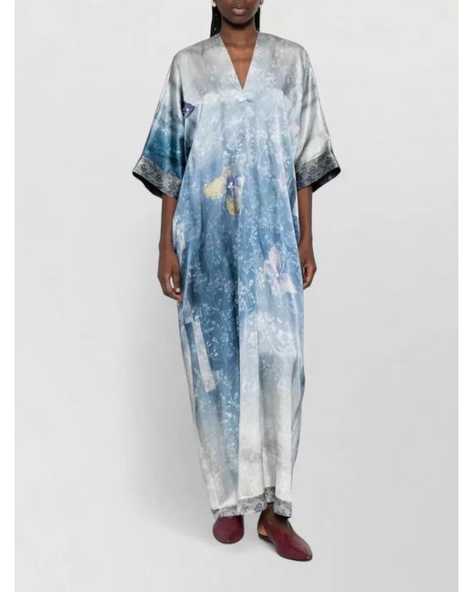 Pierre Louis Mascia Blue Silk Butterfly-Print V-Neck Short-Sleeve Maxi Dress