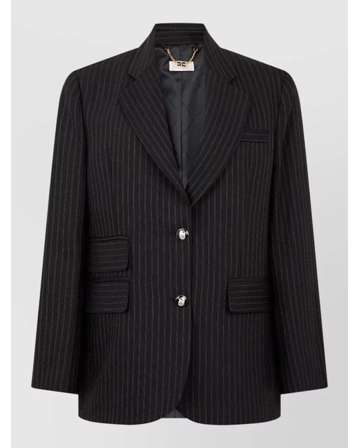 Elisabetta Franchi Black Wool Pinstripe Tailored Jacket Notched Lapel