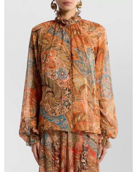 Etro Brown Shirt Frill Collar Paisley Print Design