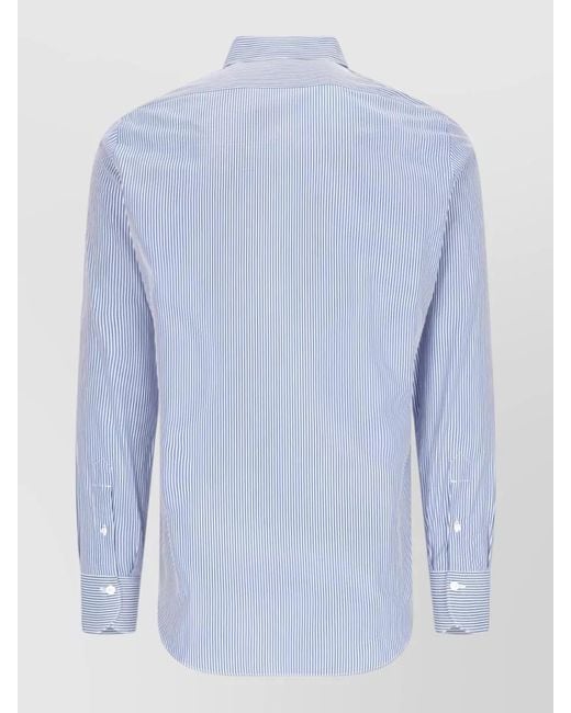 Finamore 1925 Blue Button Down Collar Striped Long Sleeve Shirt for men