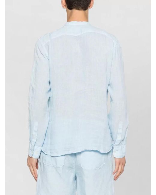 120% Lino Blue Slim Fit Shirt Mandarin Collar Long Sleeves for men