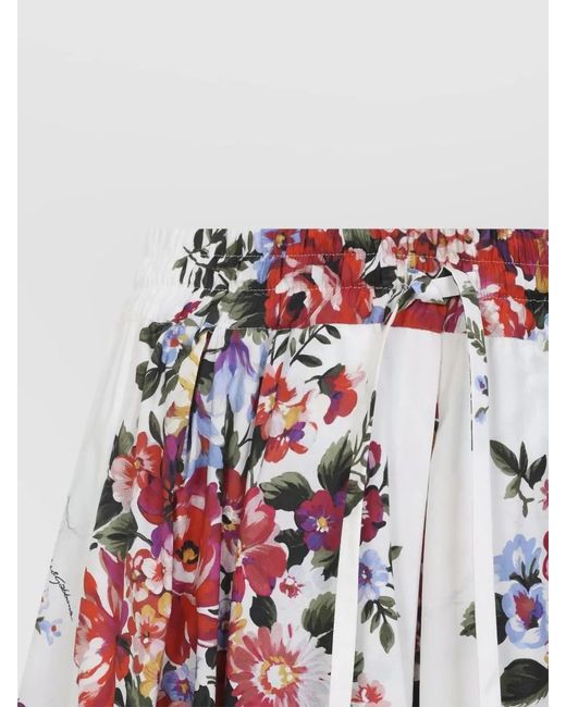 Dolce & Gabbana White Cotton Floral-Print Pleated Midi Skirt
