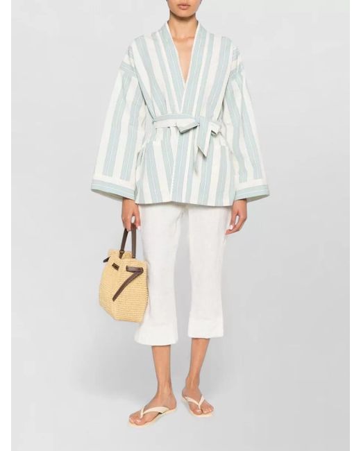 Forte_forte White Striped Wrap Kimono Jacket Long Sleeves