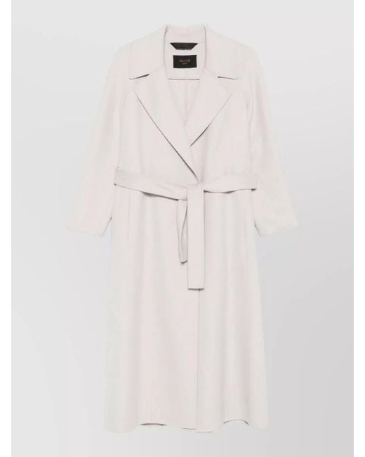 Paltò White Long Coat Belted Waist Notched Lapels