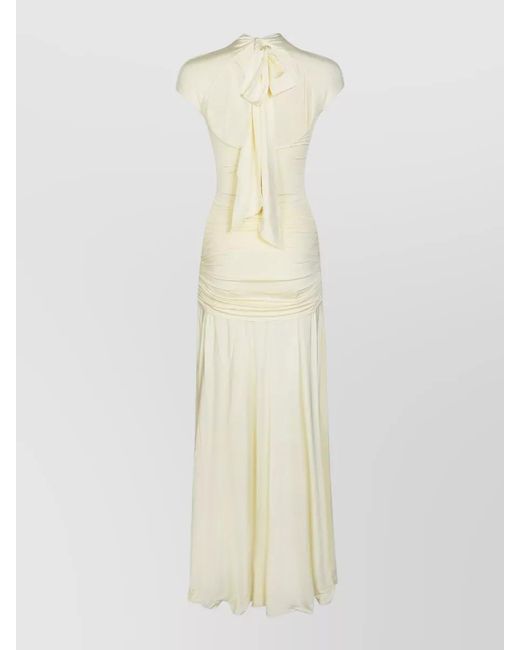 Self-Portrait White Draped Ruched Dress Cap Sleeves Floor Length