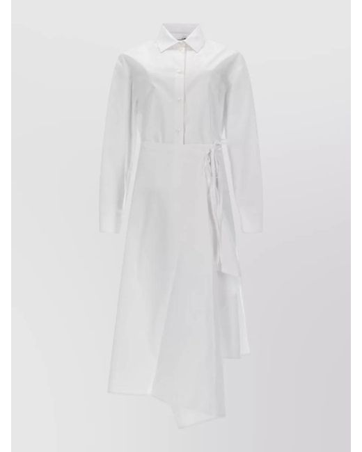 MSGM White Long Sleeve Dress Asymmetric Hem Tie Waist