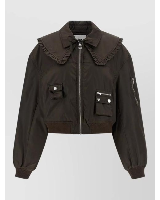 Ganni Black Nylon Duchesse Bomber Jacket Long Sleeves