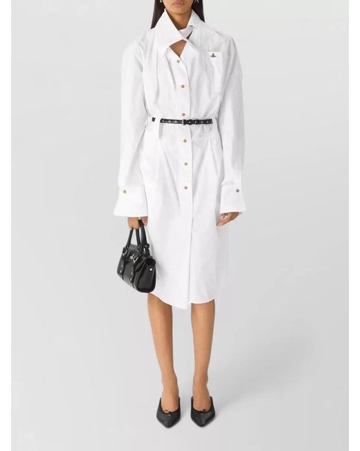 Vivienne Westwood White Belted Long Sleeve Curved Hem Shirt Dress