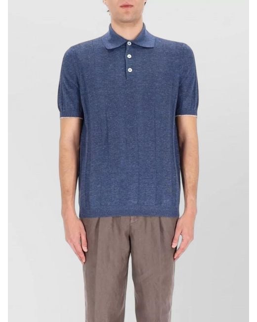 Brunello Cucinelli Blue Linen Knit Polo Shirt for men