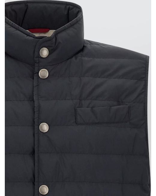 Brunello Cucinelli Blue Quilted Techno Fabric Vest Raised Collar for men