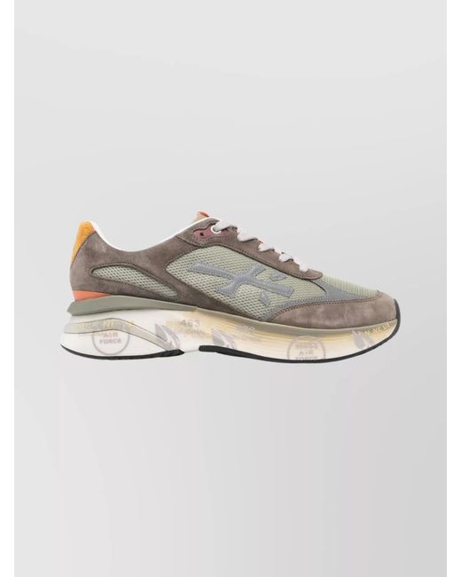 Premiata White Leather Suede Paneled Low-Top Sneakers for men