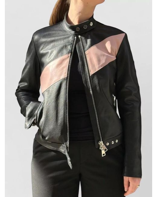 LA ROSE Black Leather Bomber Jacket Color Block Design