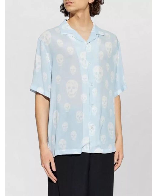 McQueen Blue Skull Camp Collar Lightweight Short Sleeve Shirt for men