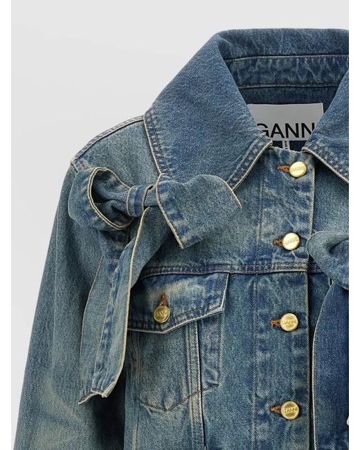 Ganni Blue Rigid Denim Jacket Bow Detail Pockets