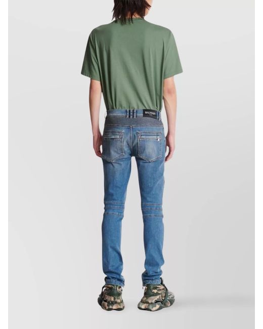 Balmain Blue Distressed Ribbed Skinny Jeans for men