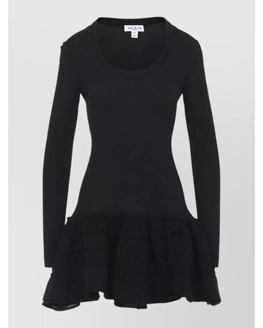 Alaa Women's Black Knit Dress Long Sleeves Round Neckline Ruffles