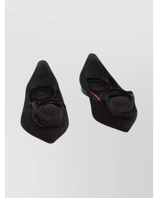 Roger Vivier Black Suede Leather Rose-Detail Pointed-Toe Ballerina Shoes