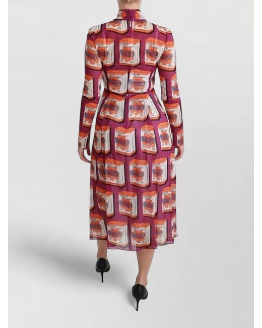 Dolce & Gabbana Red Silk Printed Tie-Neck Long-Sleeve Midi Dress