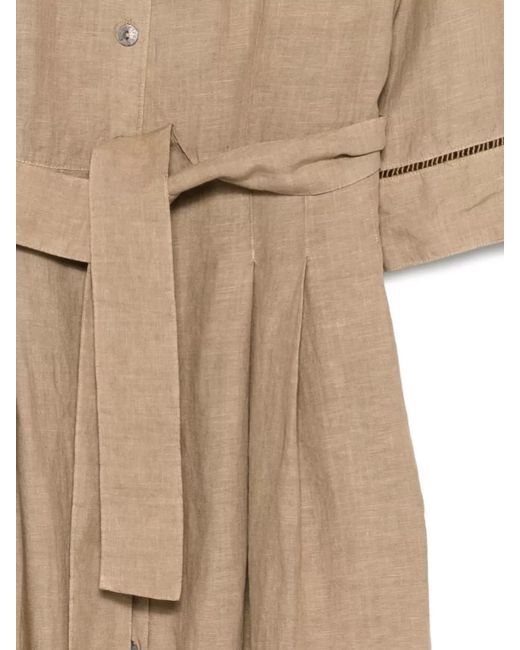 120% Lino Natural Linen Dress Belted Waist Pleated Design