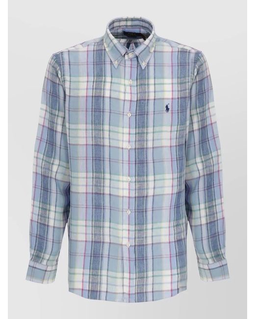 Ralph Lauren Blue Linen Tartan Long Sleeve Button Down Shirt for men