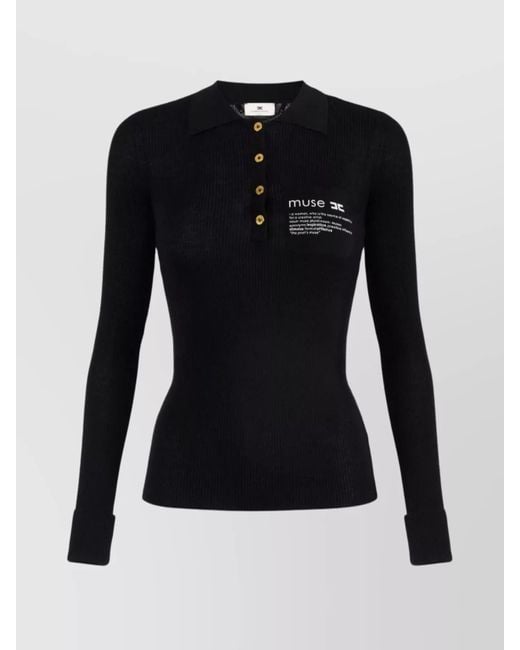 Elisabetta Franchi Black Collared Top With Ribbed Texture And Sleeves