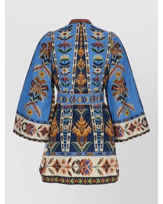 Farm Rio Blue Tapestry Mini Dress Belted Waist Embroidery