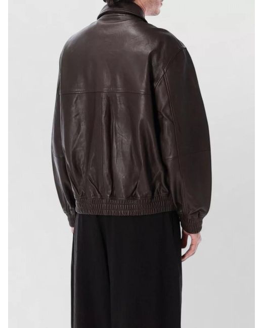 Studio Nicholson Black Leather Bomber Jacket Collared Elastic Hem for men