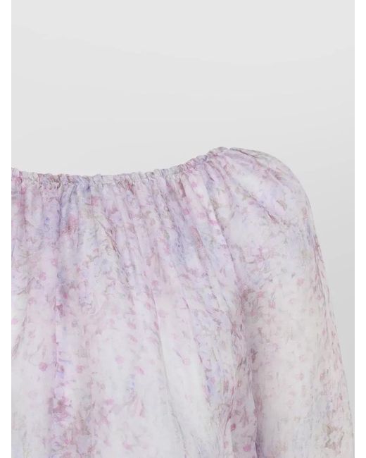 Alberta Ferretti Purple Silk Floral-Print Gathered Boat Neck Long-Sleeve Blouse