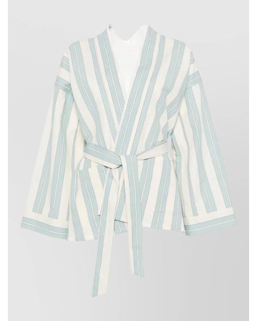 Forte_forte White Striped Wrap Kimono Jacket Long Sleeves
