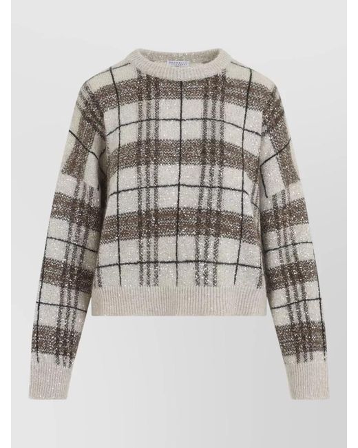 Brunello Cucinelli Multicolor Sequin Plaid Knit Sweater Cropped Design