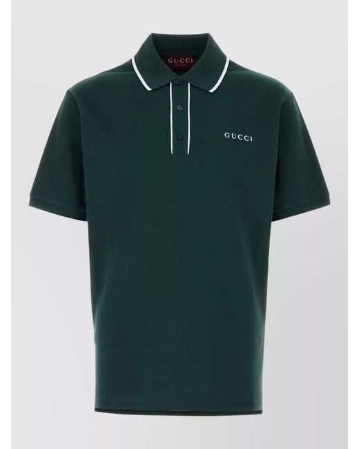 Gucci Green Cotton Piquet Polo Shirt With Embroidered Logo for men