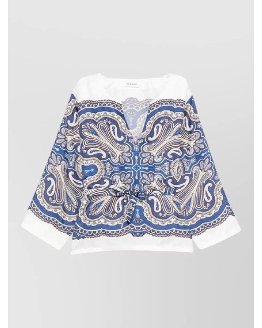 P.A.R.O.S.H. Blue Paisley Shirt Long Sleeves Tie Neckline
