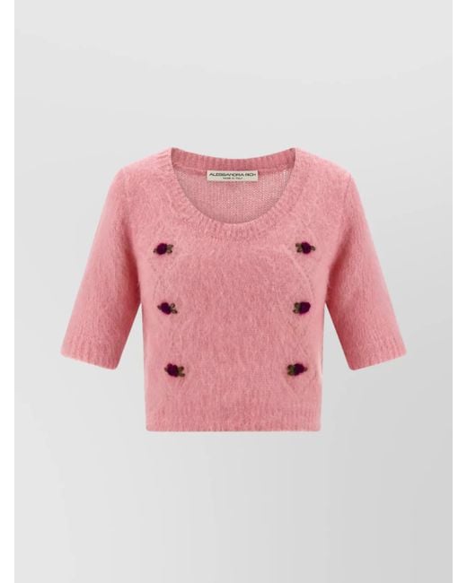Alessandra Rich Pink Crew Neck Floral Appliqué Short Sleeves Soft Texture