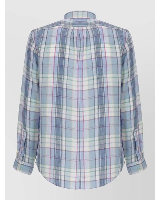 Ralph Lauren Blue Linen Tartan Long Sleeve Button Down Shirt for men