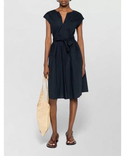 Woolrich Blue Short Dress V Neckline Waist Tie Pockets