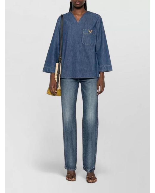 Valentino Blue Denim V-Neck Long-Sleeve Shirt
