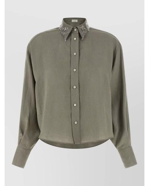 Brunello Cucinelli Green Shirt Long Sleeves Sequin Decorated Collar Curved