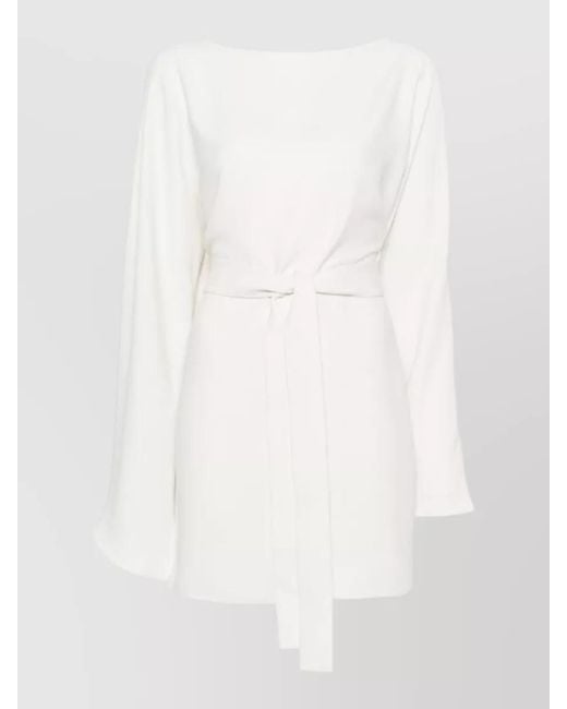 P.A.R.O.S.H. White Belted Waist Dress Long Sleeves Boat Neck