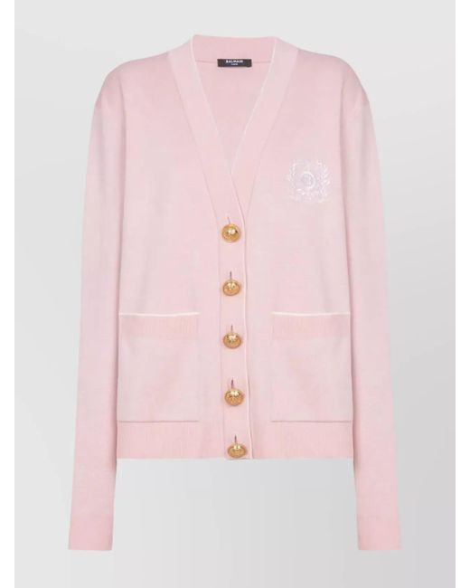 Balmain Pink Emblem Embroidered Knit Cardigan