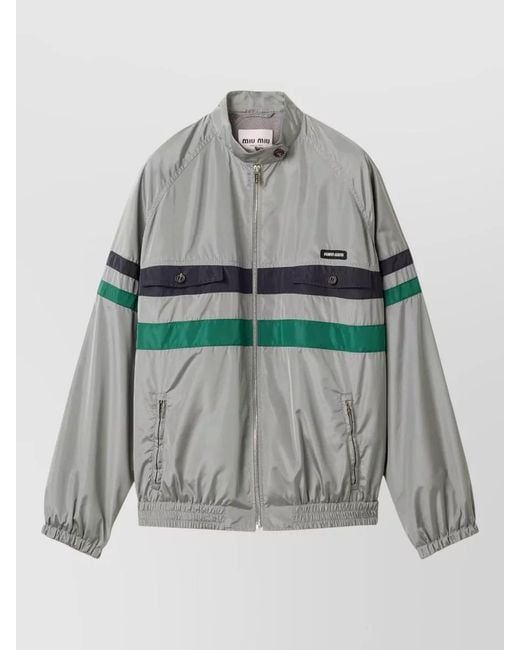 Miu Miu Gray Striped Jacket Front Pockets Elasticated Cuffs