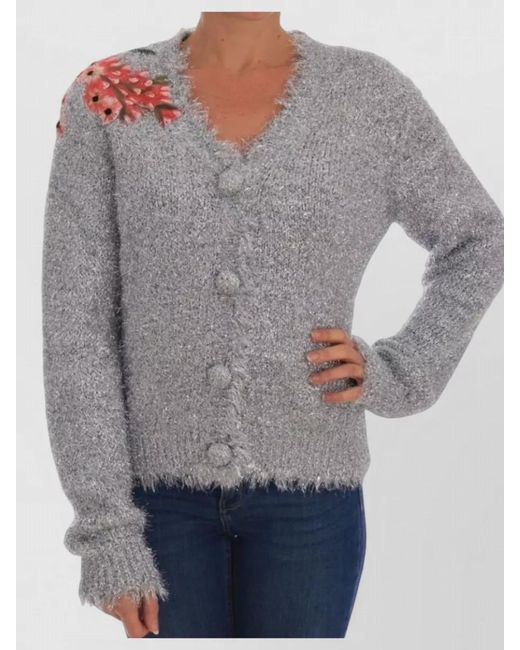 Dolce & Gabbana Gray Floral Applique V Neck Knit Cardigan