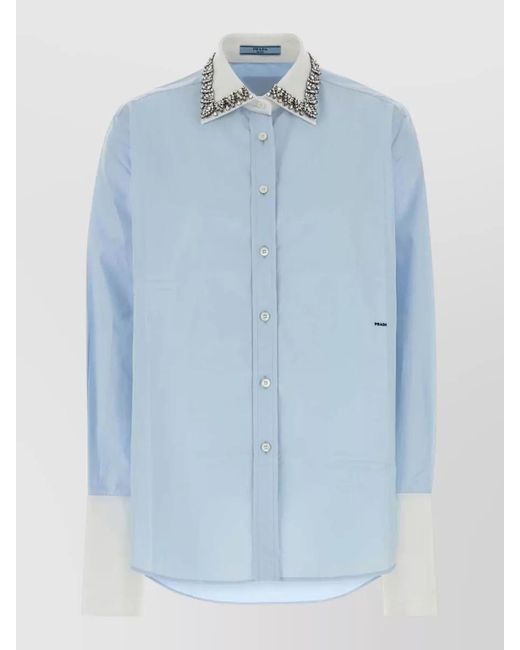 Prada Blue Jewel-Embellished Collar Cotton Shirt for men